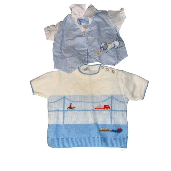 Little Angel Other - Vintage‎ Baby Boy 2 Pc Outfit Little Angel Sweater Puppy Vest Shirt Blue White